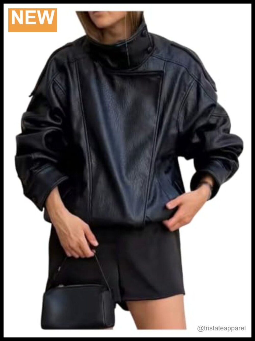 Oversized Faux Leather Jacket Zip Up Stand Collar Motorcycle Long Sleeve Trendy